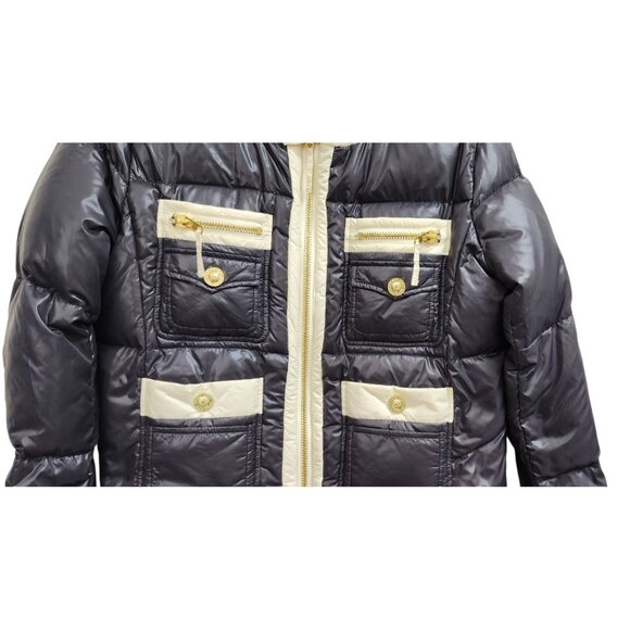Y2k Twisted Heart Black White Trim Puffer Jacket Gold Button Zip Pockets - Picture 3 of 11